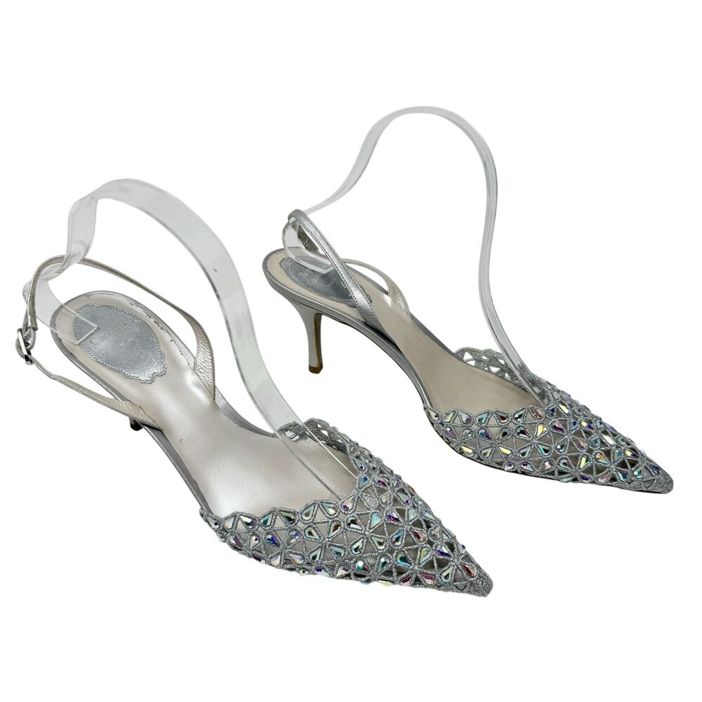Rene Caovilla Crystal Embellished Slingback Pump Mule Heel Silver Grey 38.5 - Picture 5 of 12